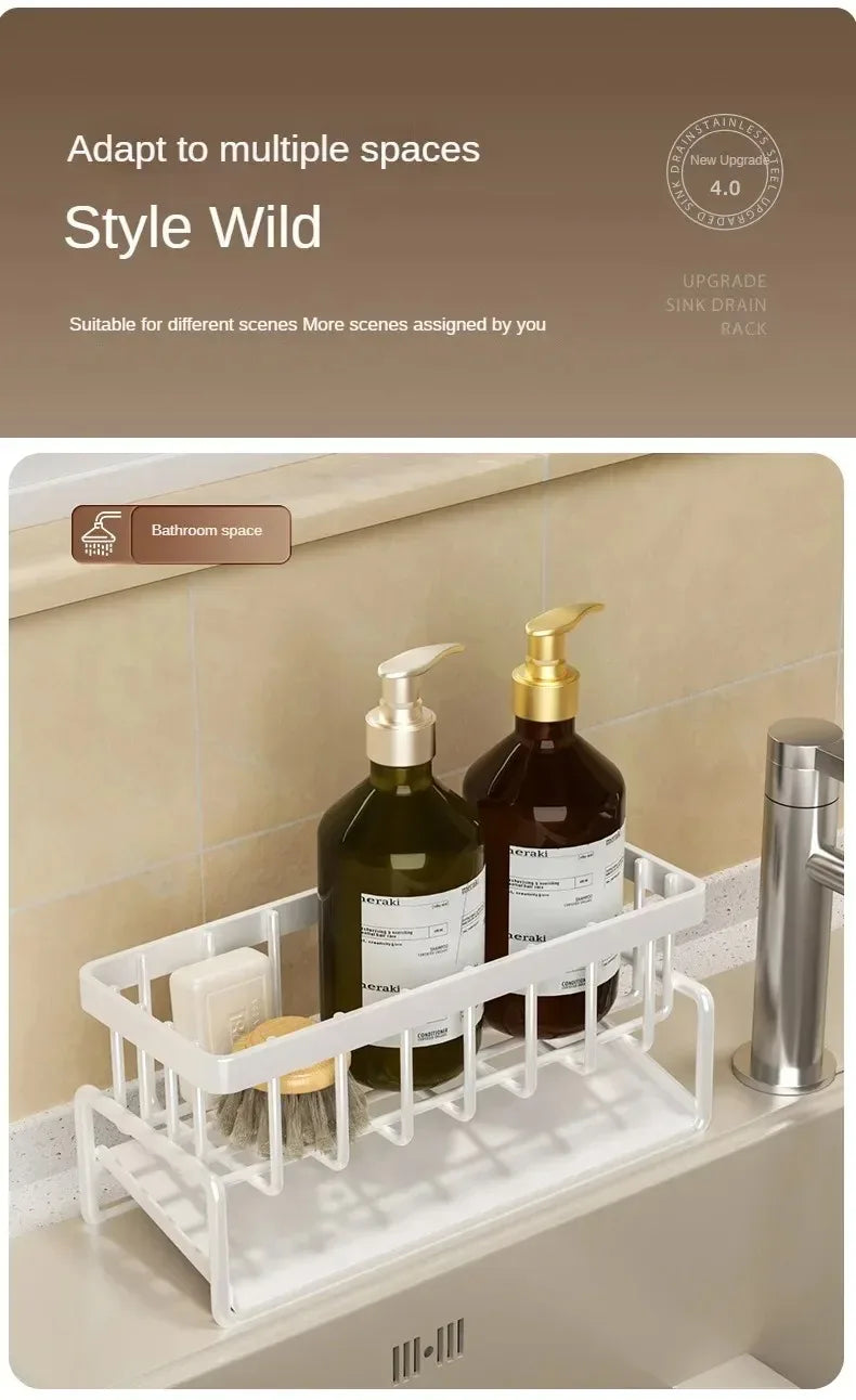 1Pc Multifunctional Plastic Kitchen Shelf Rag Storage Drainage Shelf,No-Punch Adhesive Spice Rack,Sink Tap Drain Rack with Hooks